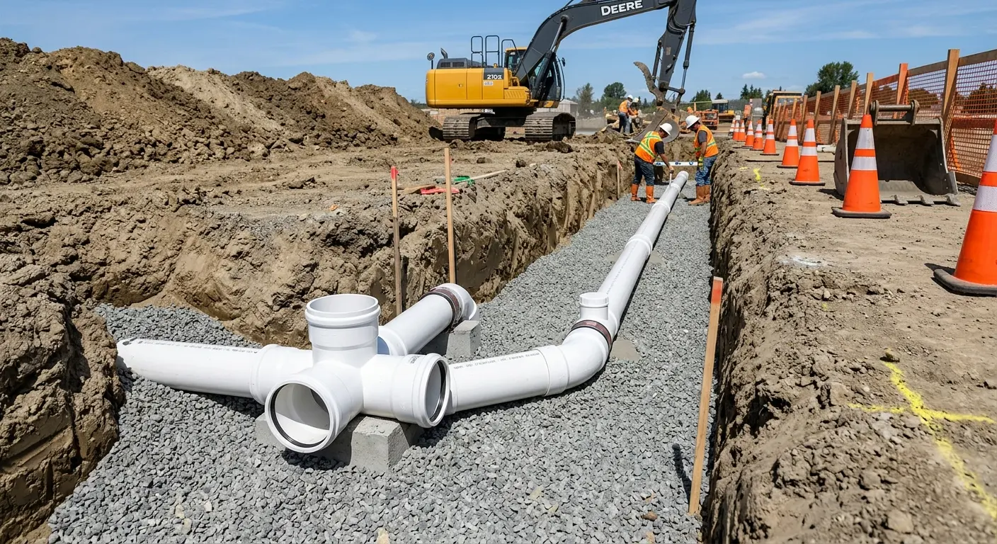 New PVC sewer pipe installation in open trench for Sewer Backup in Kaneohe Base
