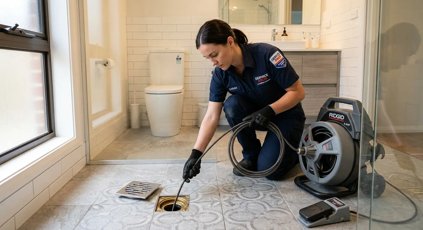 Technician clearing a bathroom floor drain for Hydro Jetting in Kaneohe Base